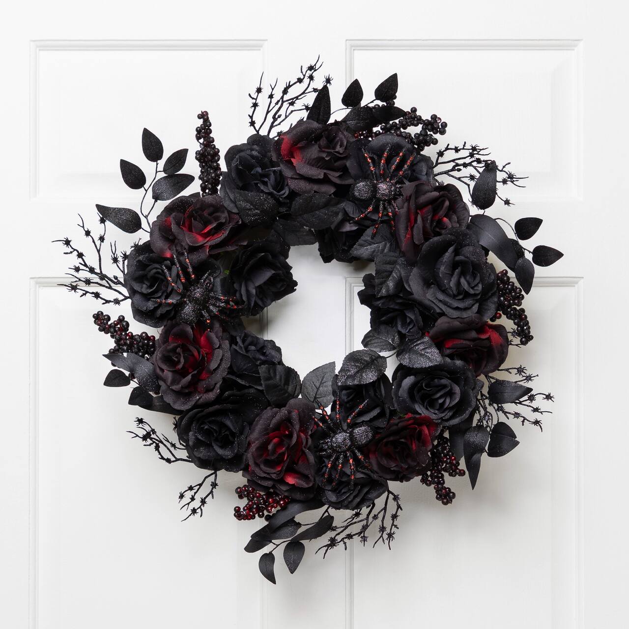 24" Burgundy & Black Roses with Spiders Halloween Wreath